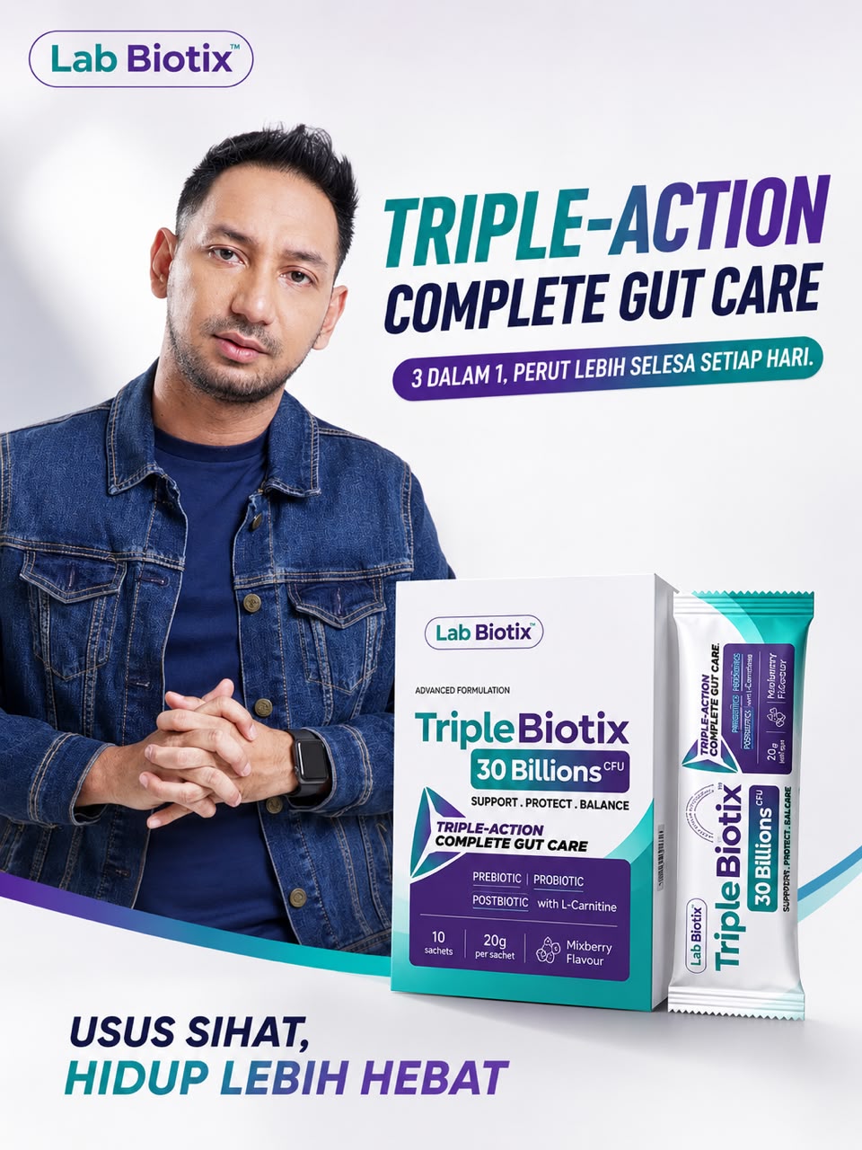 Kotak dan sachet TripleBiotix oleh Lab Biotix bersama duta produk