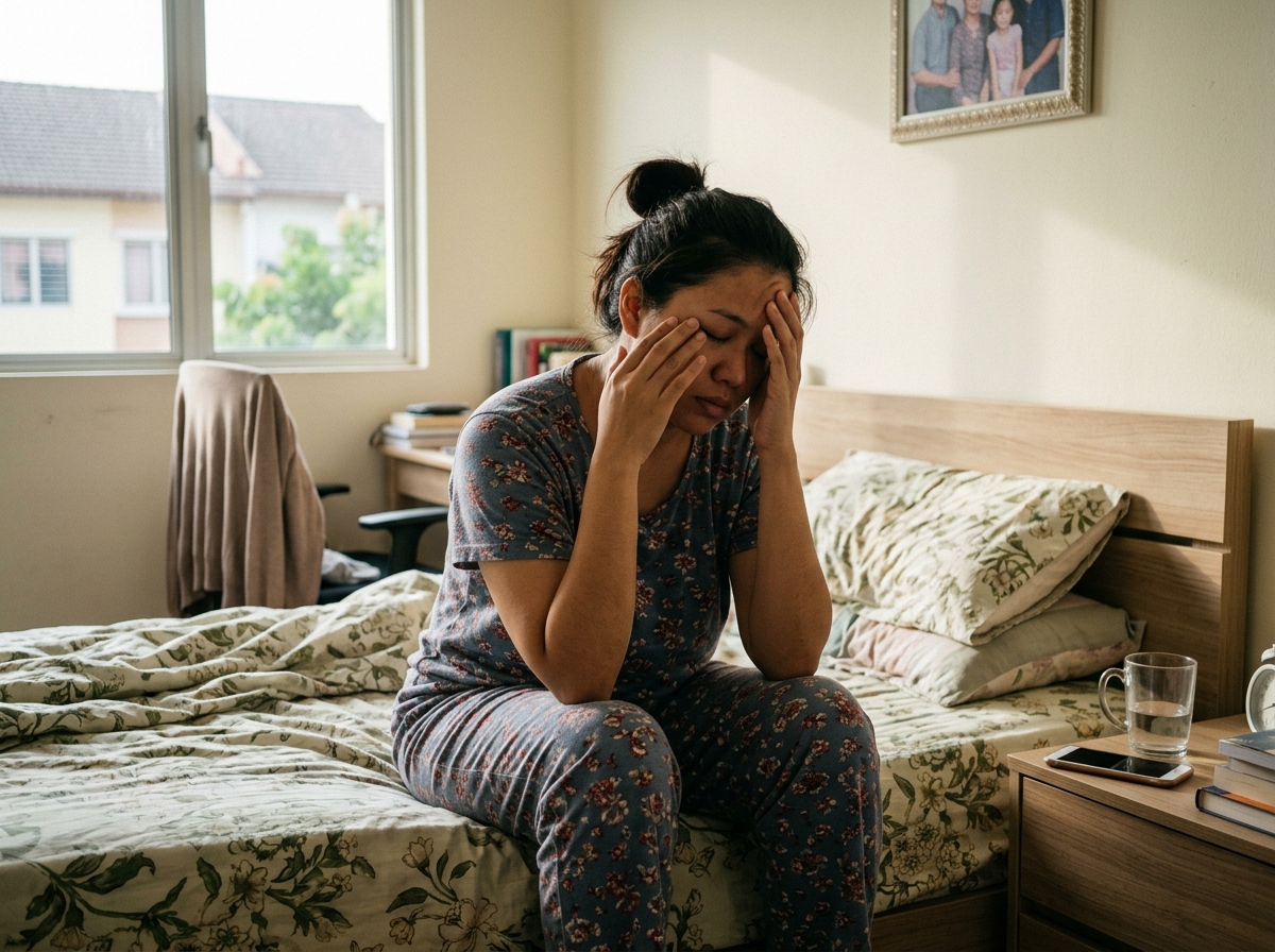 Wanita duduk di atas katil memegang dahi, badan masih berat dan lesu walaupun tidur cukup