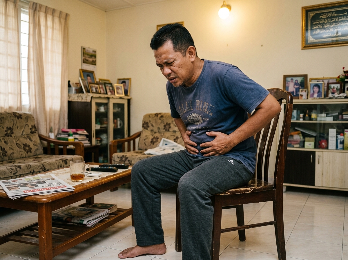 Seorang lelaki duduk sambil memegang perut, susah membuang air besar selama dua tiga hari