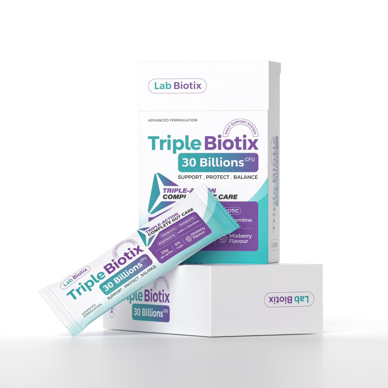 Dua kotak TripleBiotix dan satu sachet jelly perisa mixberry oleh Lab Biotix dengan tulisan 30 Billions CFU