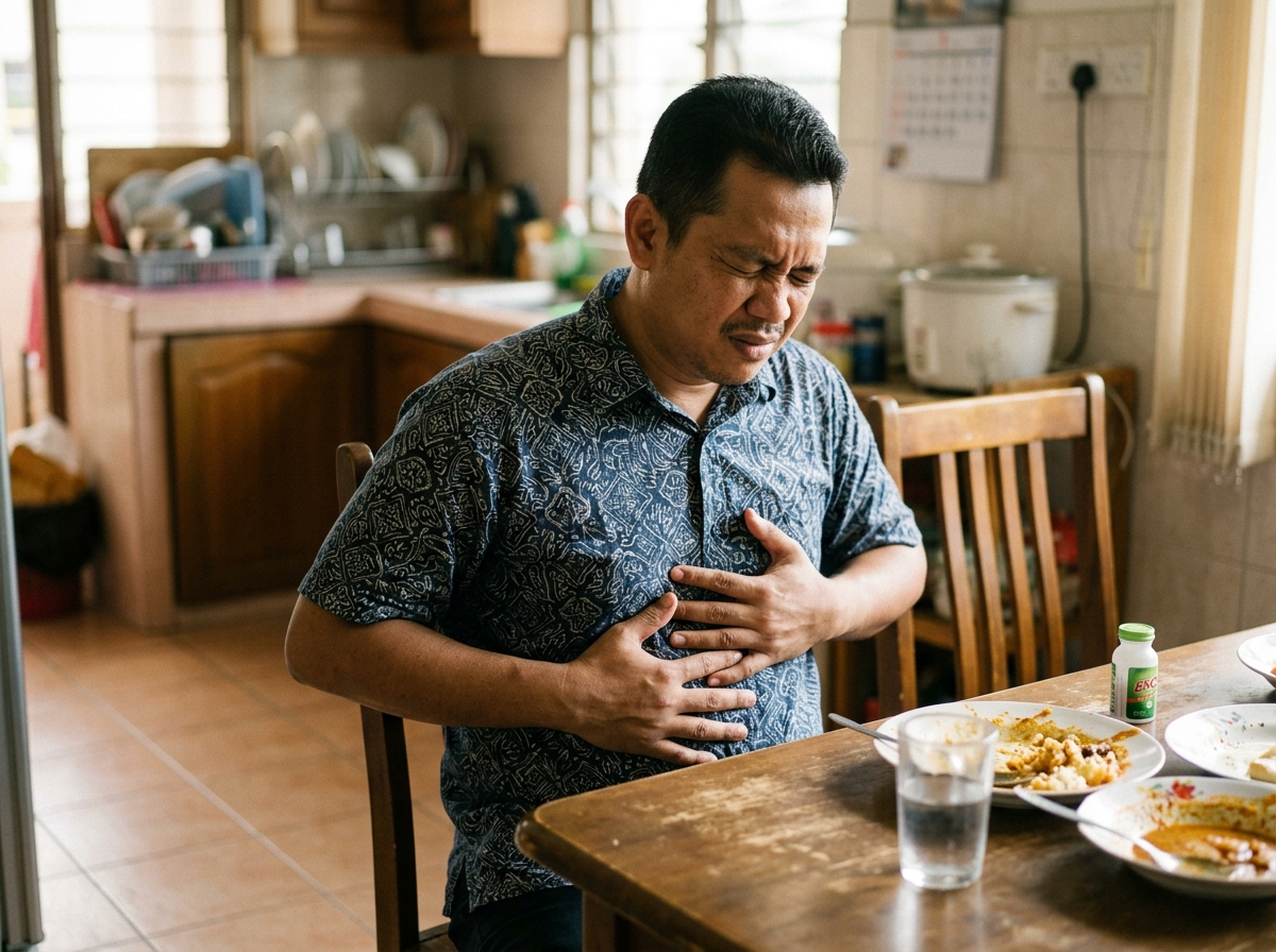 Seorang lelaki di meja makan memegang dada, sendawa berlebihan akibat angin dalam perut
