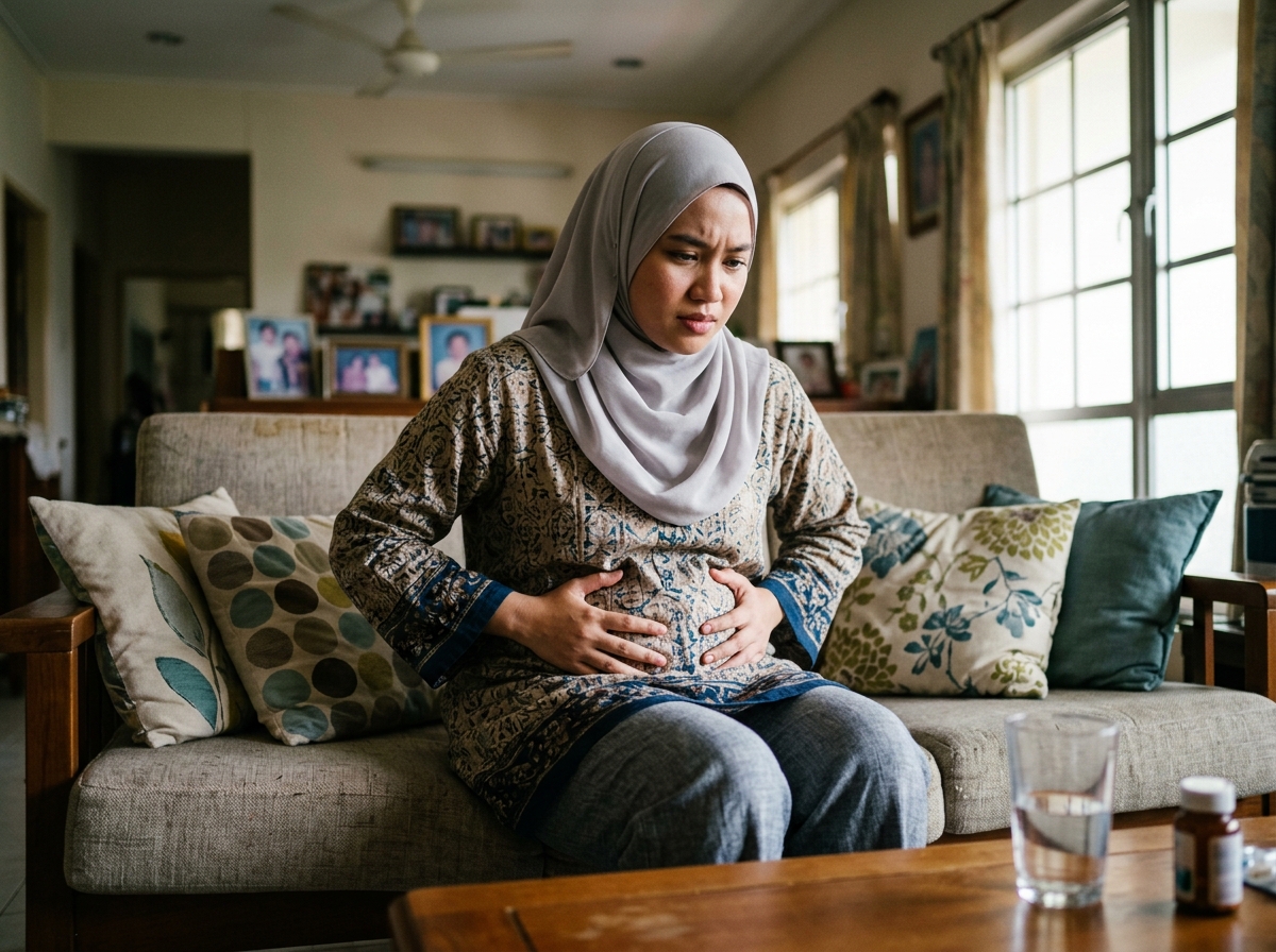 Wanita bertaqwa duduk di sofa sambil memegang perut yang kembung selepas makan